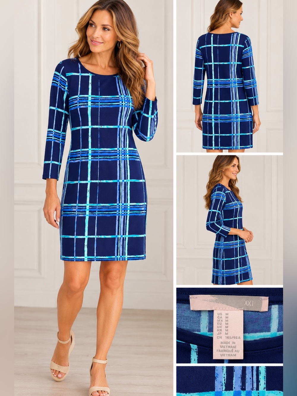 XXI Navy Blue Aqua Plaid 3/4 Sleeve Shift Dress Size M